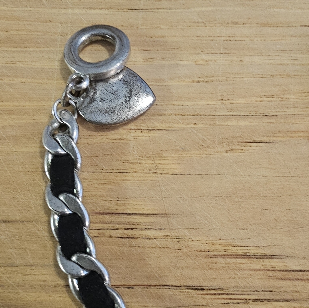 Hand Crafted Silver Tone and Black Ribbon Heart Charm Toggle Heart Bracelet. - Picture 3 of 8
